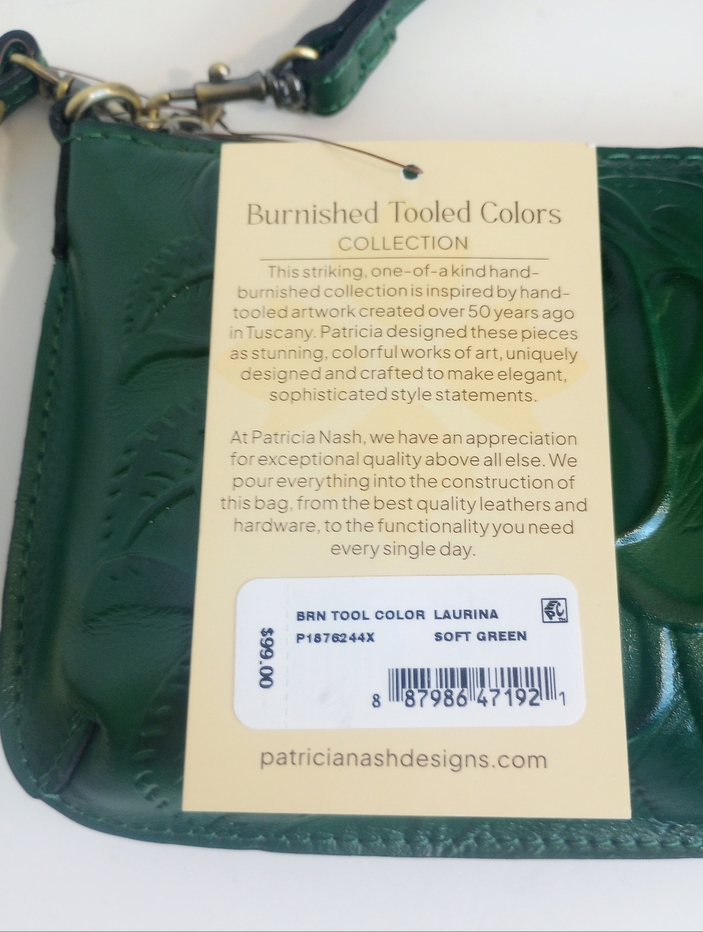 NWT Patricia Nash Rose Tooled Leather Laurina Crossbody Bag, Soft Green - Picture 7 of 12